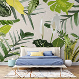 Tapet personalizat leaf cu frunze tropicale in nuante vivide pe un fundal alb vivid tropical