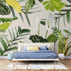 Tapet personalizat leaf cu frunze tropicale in nuante vivide pe un fundal alb vivid tropical
