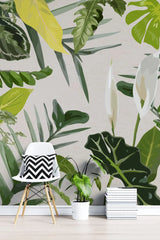 Tapet personalizat leaf cu frunze tropicale in nuante vivide pe un fundal alb vivid tropical