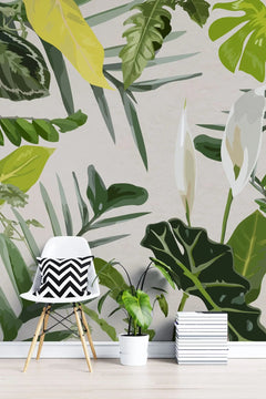 Tapet personalizat leaf cu frunze tropicale in nuante vivide pe un fundal alb vivid tropical
