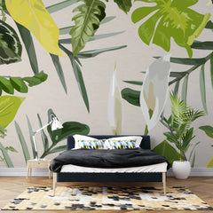 Tapet personalizat leaf cu frunze tropicale in nuante vivide pe un fundal alb vivid tropical