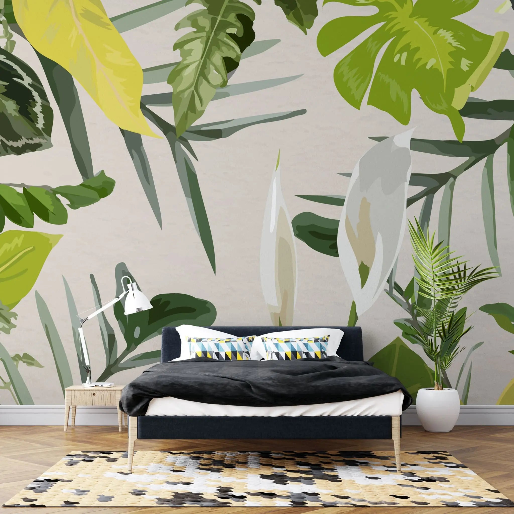 Tapet personalizat leaf cu frunze tropicale in nuante vivide pe un fundal alb vivid tropical