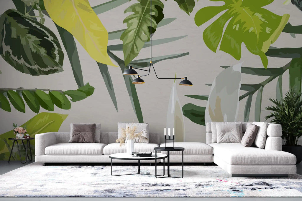 Tapet personalizat leaf cu frunze tropicale in nuante vivide pe un fundal alb vivid tropical