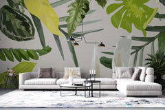 Tapet personalizat leaf cu frunze tropicale in nuante vivide pe un fundal alb vivid tropical