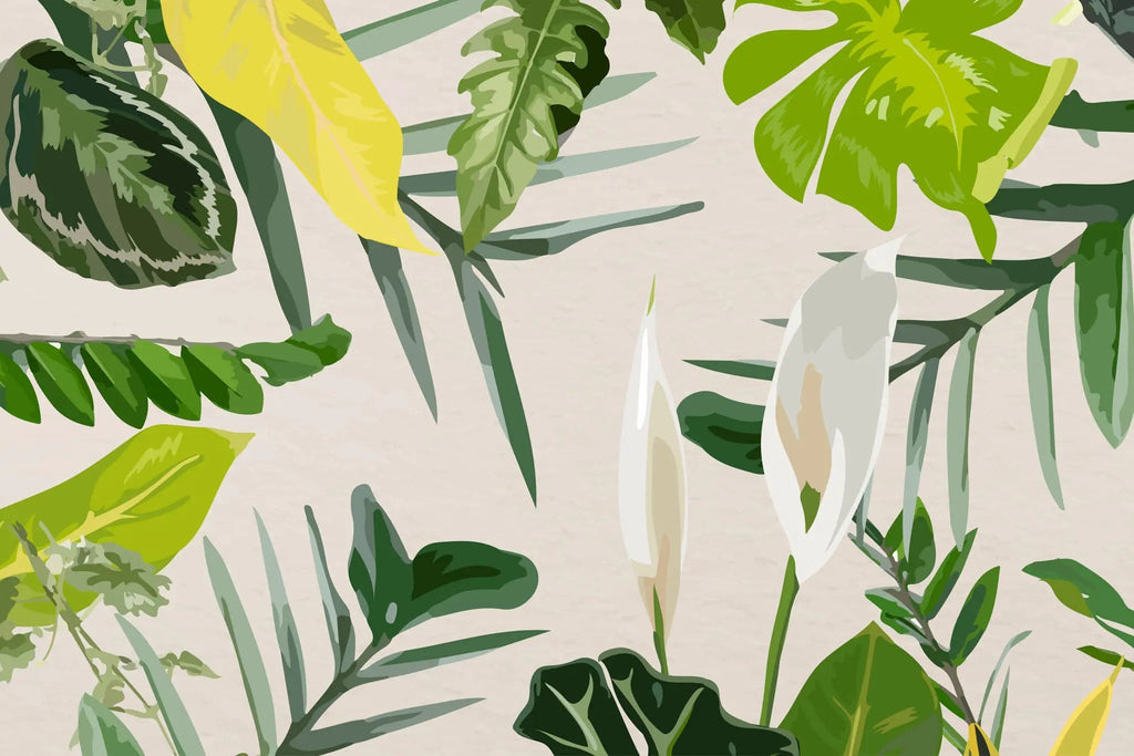 Tapet personalizat leaf cu frunze tropicale in nuante vivide pe un fundal alb vivid tropical