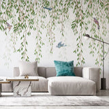 Tapet personalizat leaf cu ramuri de salcie si pasari colorate hummingbird