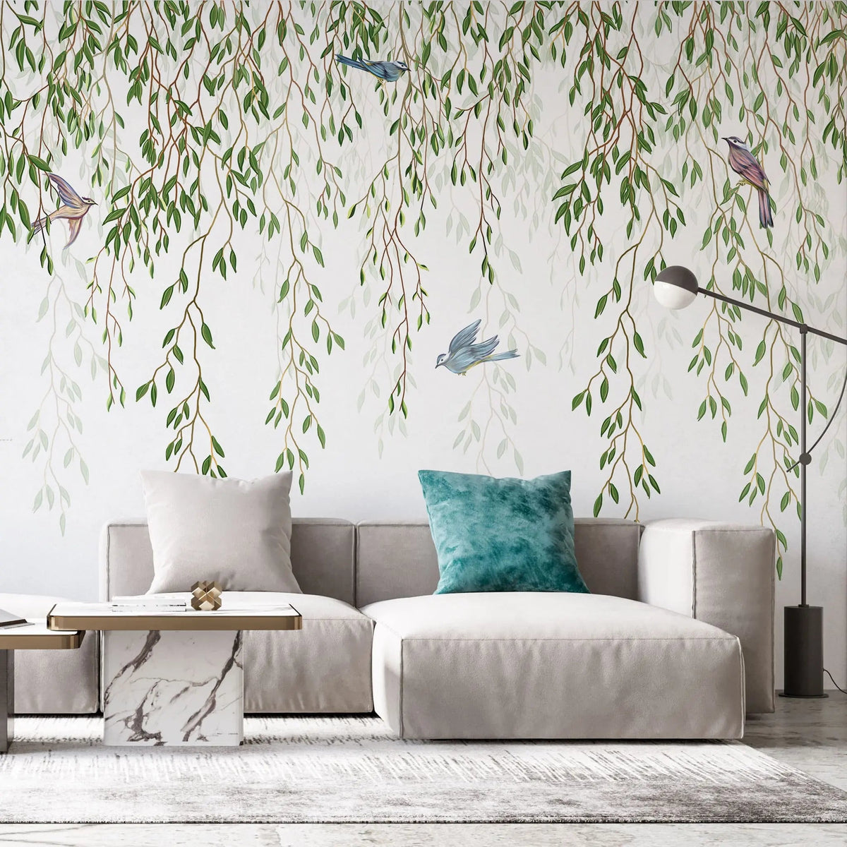 Tapet personalizat leaf cu ramuri de salcie si pasari colorate hummingbird