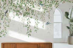 Tapet personalizat leaf cu ramuri de salcie si pasari colorate hummingbird