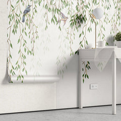 Tapet personalizat leaf cu ramuri de salcie si pasari colorate hummingbird