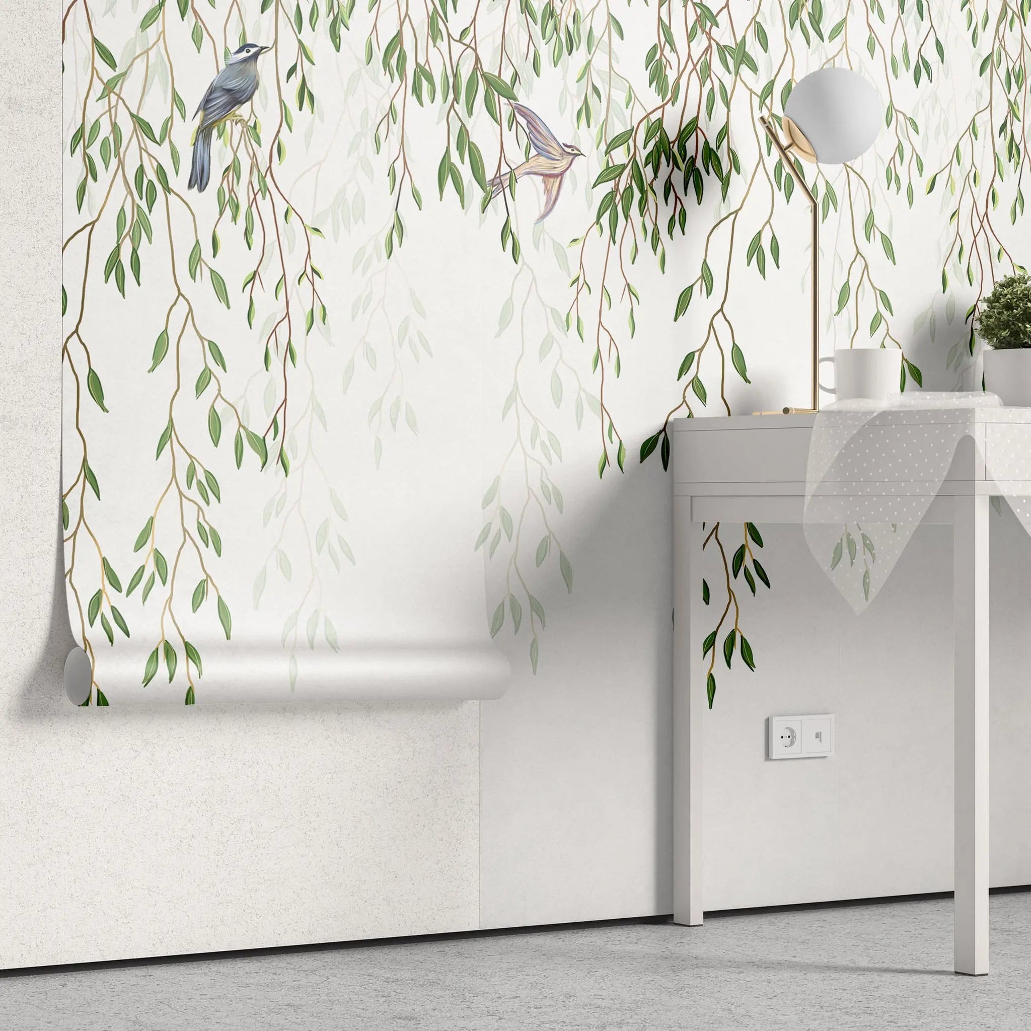 Tapet personalizat leaf cu ramuri de salcie si pasari colorate hummingbird