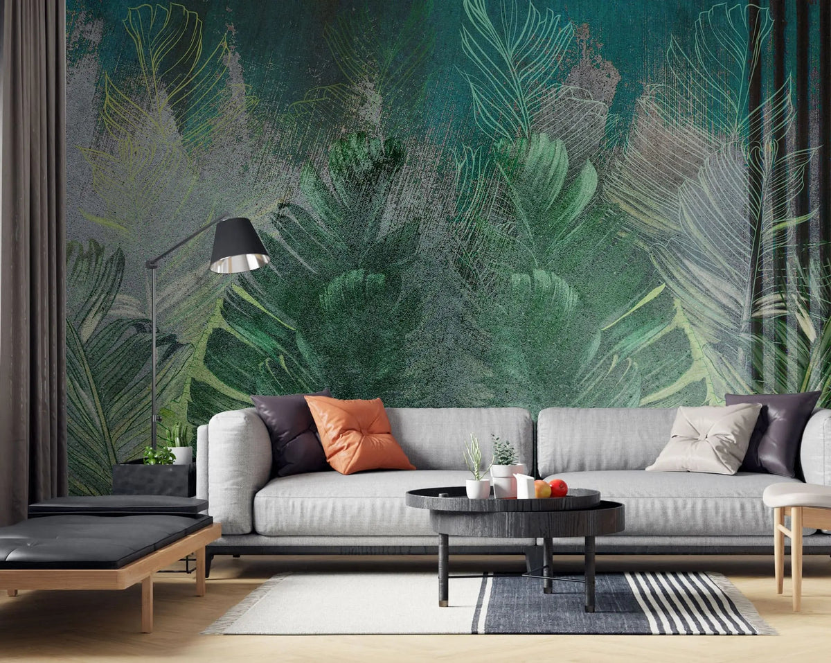 Tapet personalizat leaf cu frunze in nuante de turcoaz intens deep turquoise