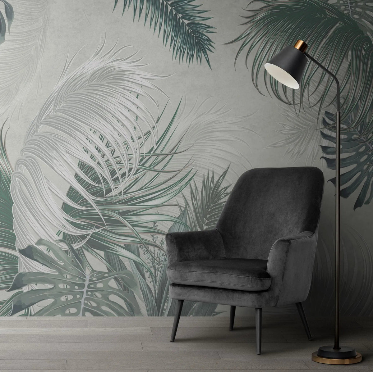 Tapet personalizat leaf cu frunze pana de palmier in tonuri gri feather leaves
