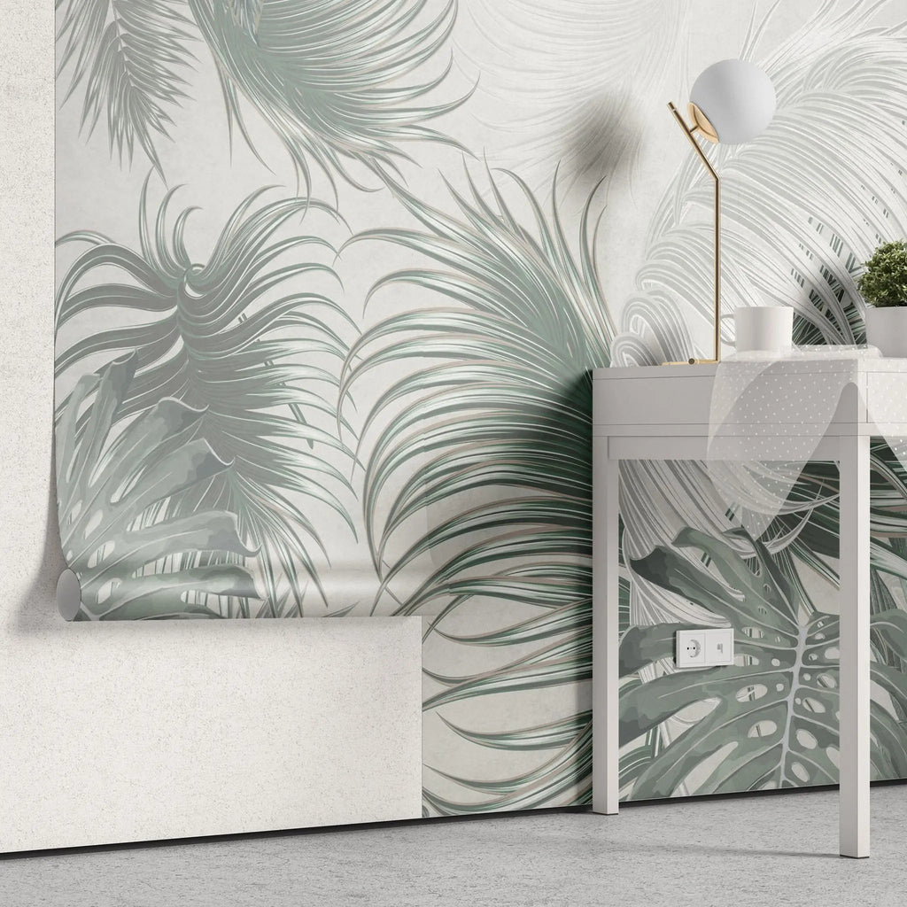 Tapet personalizat leaf cu frunze pana de palmier in tonuri gri feather leaves