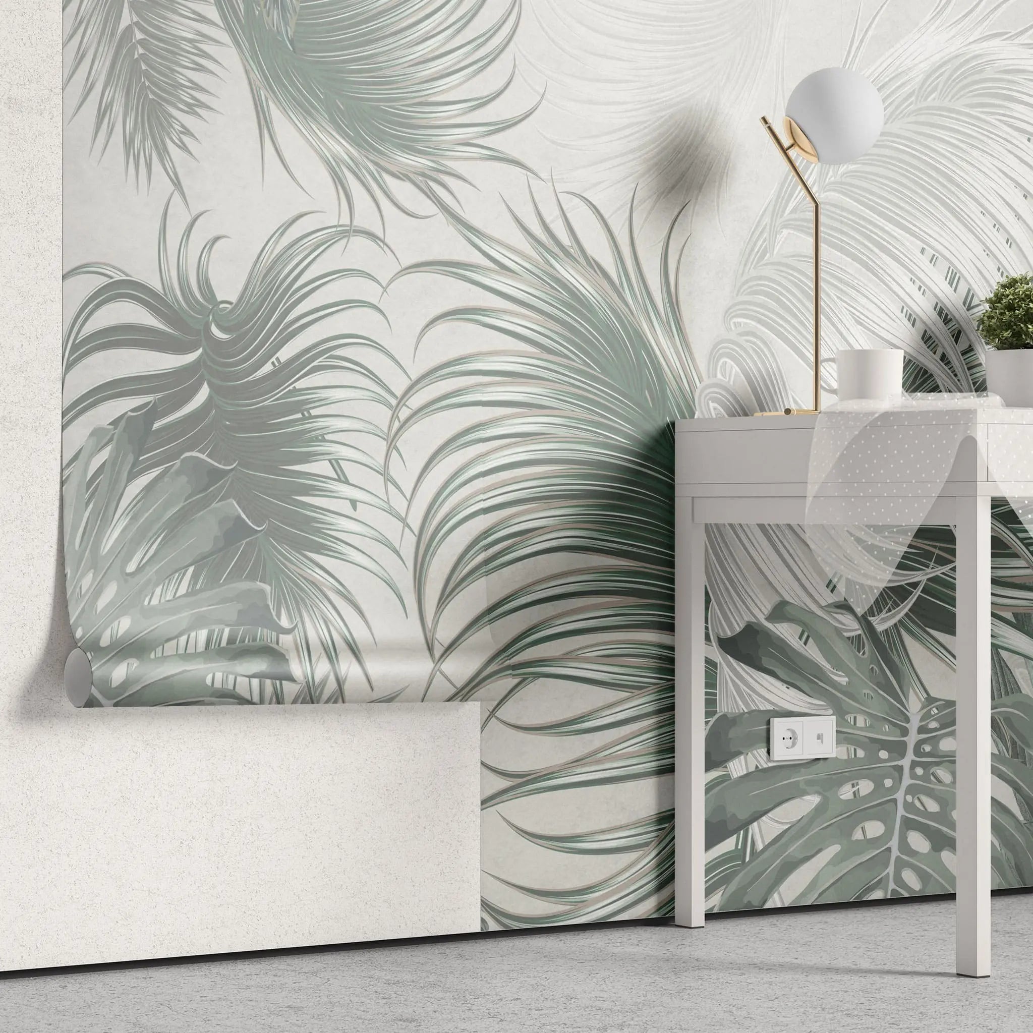Tapet personalizat leaf cu frunze pana de palmier in tonuri gri feather leaves