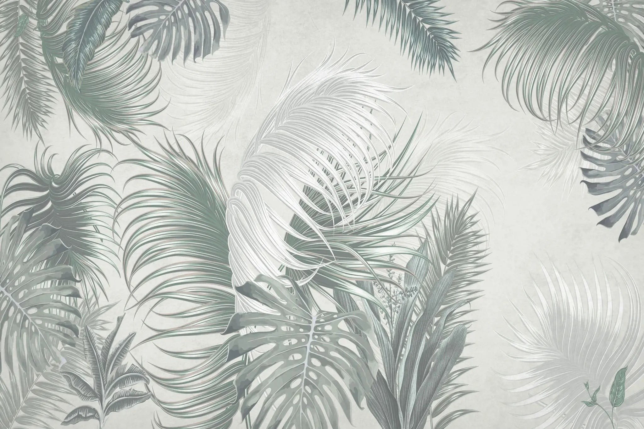 Tapet personalizat leaf cu frunze pana de palmier in tonuri gri feather leaves