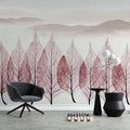 Tapet personalizat leaf cu munti si copaci pictati in forma de frunze rosiatice trees artwork