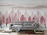 Tapet personalizat leaf cu munti si copaci pictati in forma de frunze rosiatice trees artwork