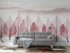 Tapet personalizat leaf cu munti si copaci pictati in forma de frunze rosiatice trees artwork