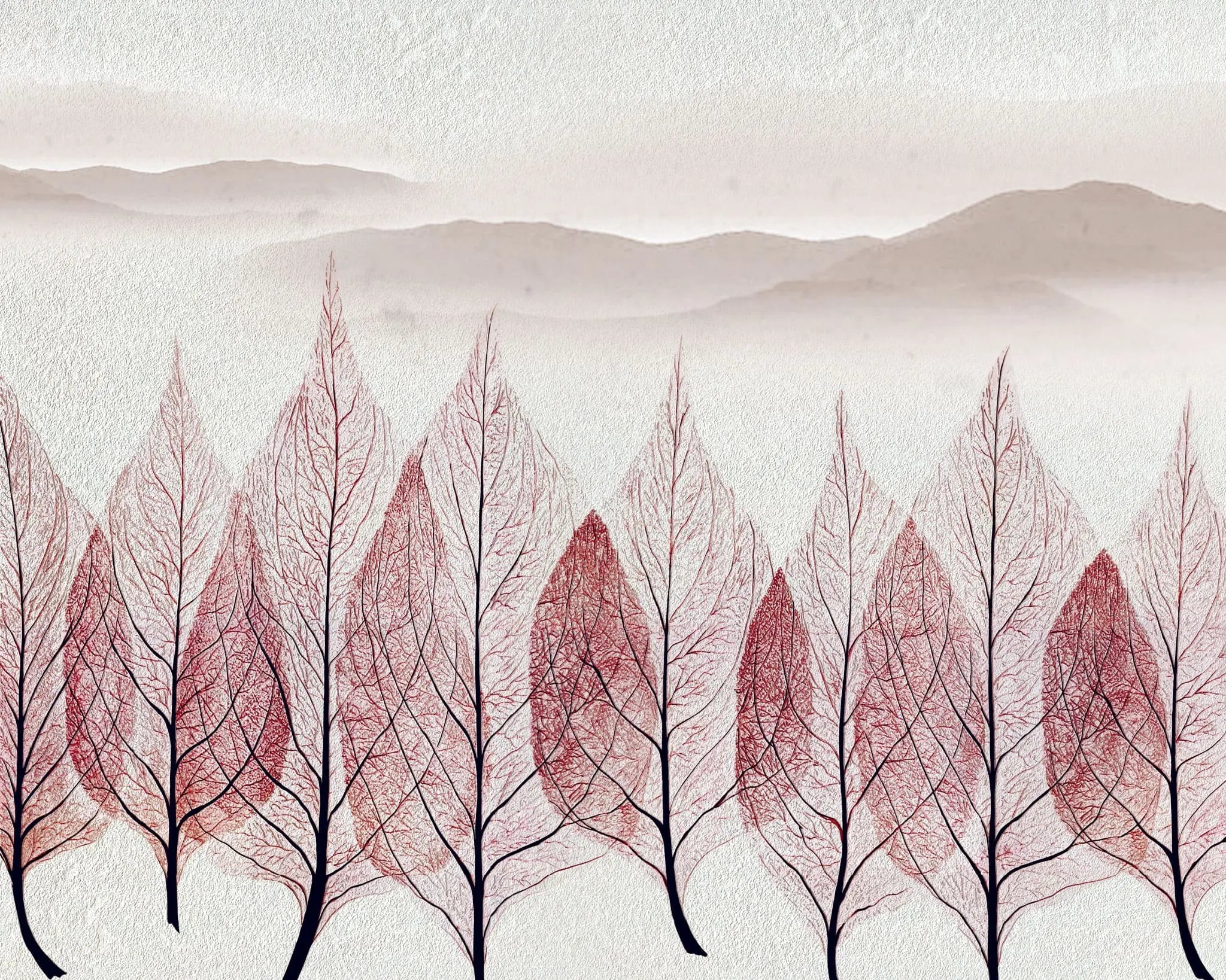 Tapet personalizat leaf cu munti si copaci pictati in forma de frunze rosiatice trees artwork