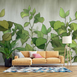 Tapet personalizat leaf cu frunze si plante verzi pe un fundal deschis greenies