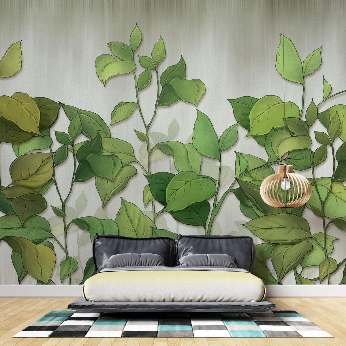 Tapet personalizat leaf cu frunze si plante verzi pe un fundal deschis greenies