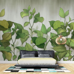 Tapet personalizat leaf cu frunze si plante verzi pe un fundal deschis greenies