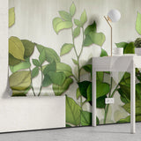 Tapet personalizat leaf cu frunze si plante verzi pe un fundal deschis greenies