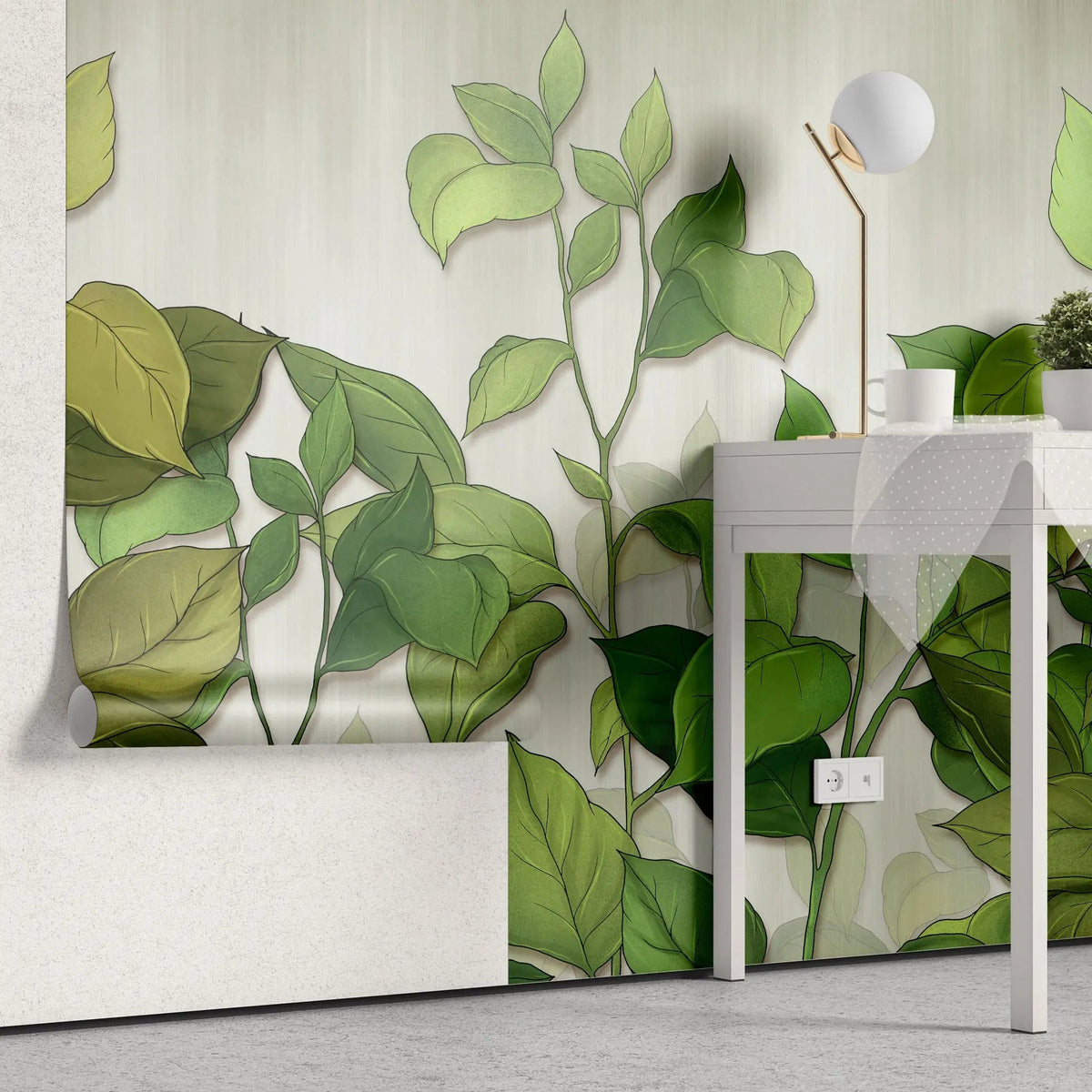 Tapet personalizat leaf cu frunze si plante verzi pe un fundal deschis greenies