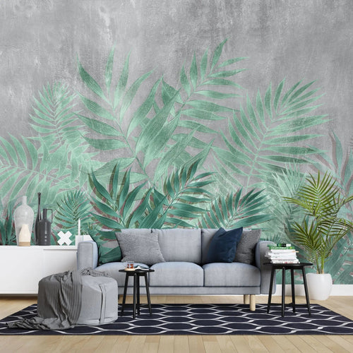 Tapet personalizat leaf cu frunze verzi aquamarin pe un fundal de beton gri aquamarine