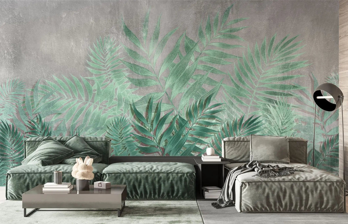 Tapet personalizat leaf cu frunze verzi aquamarin pe un fundal de beton gri aquamarine