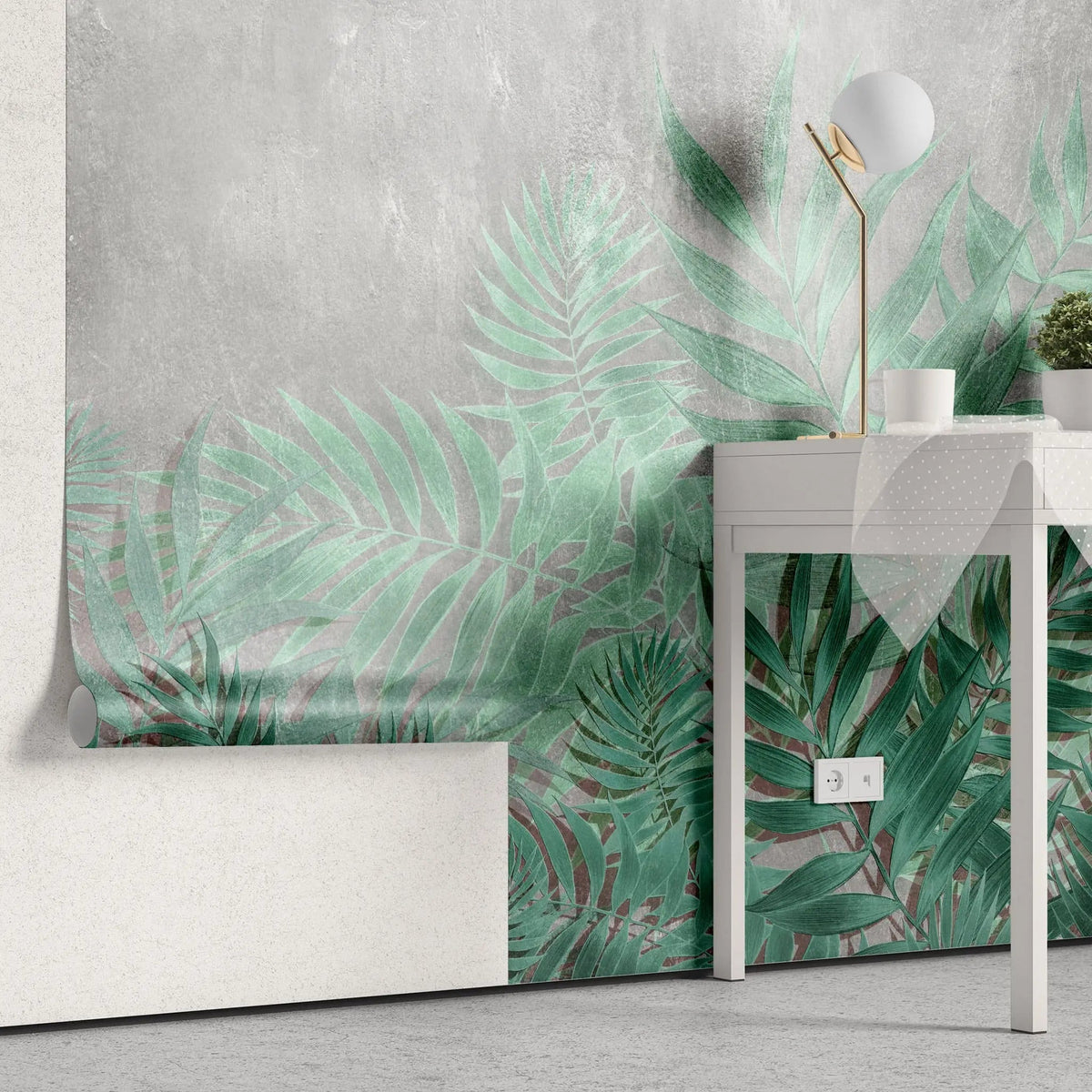 Tapet personalizat leaf cu frunze verzi aquamarin pe un fundal de beton gri aquamarine