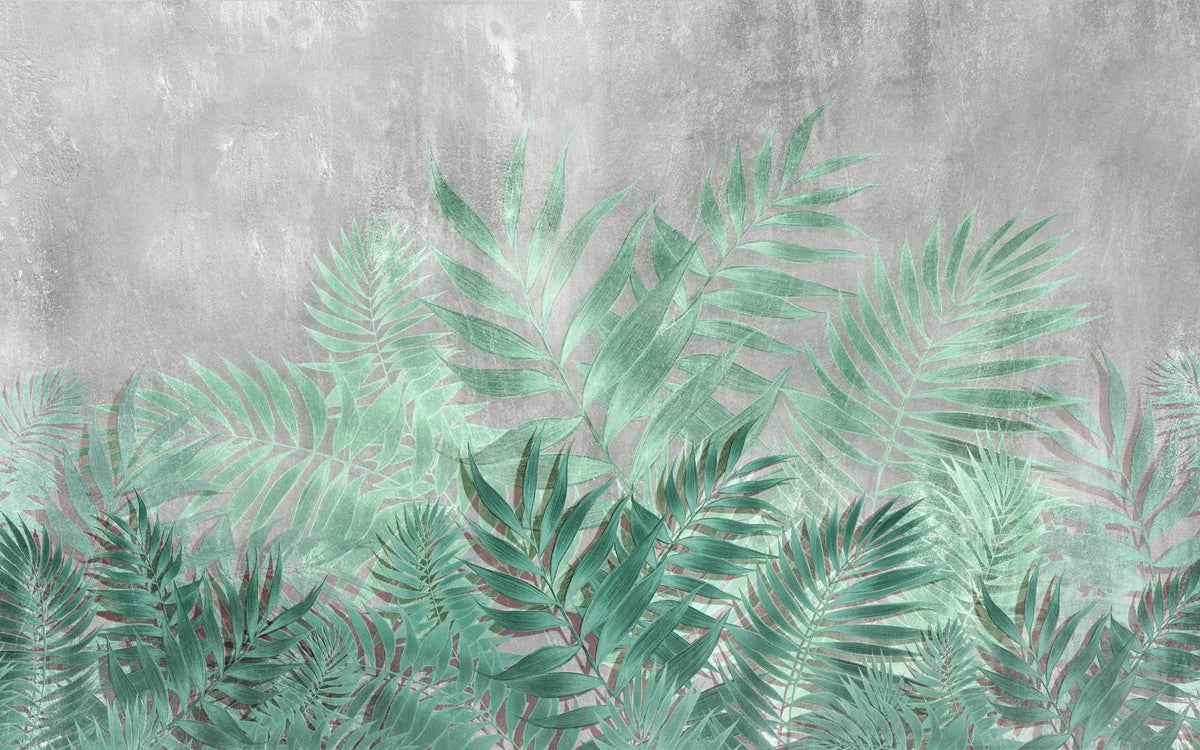 Tapet personalizat leaf cu frunze verzi aquamarin pe un fundal de beton gri aquamarine