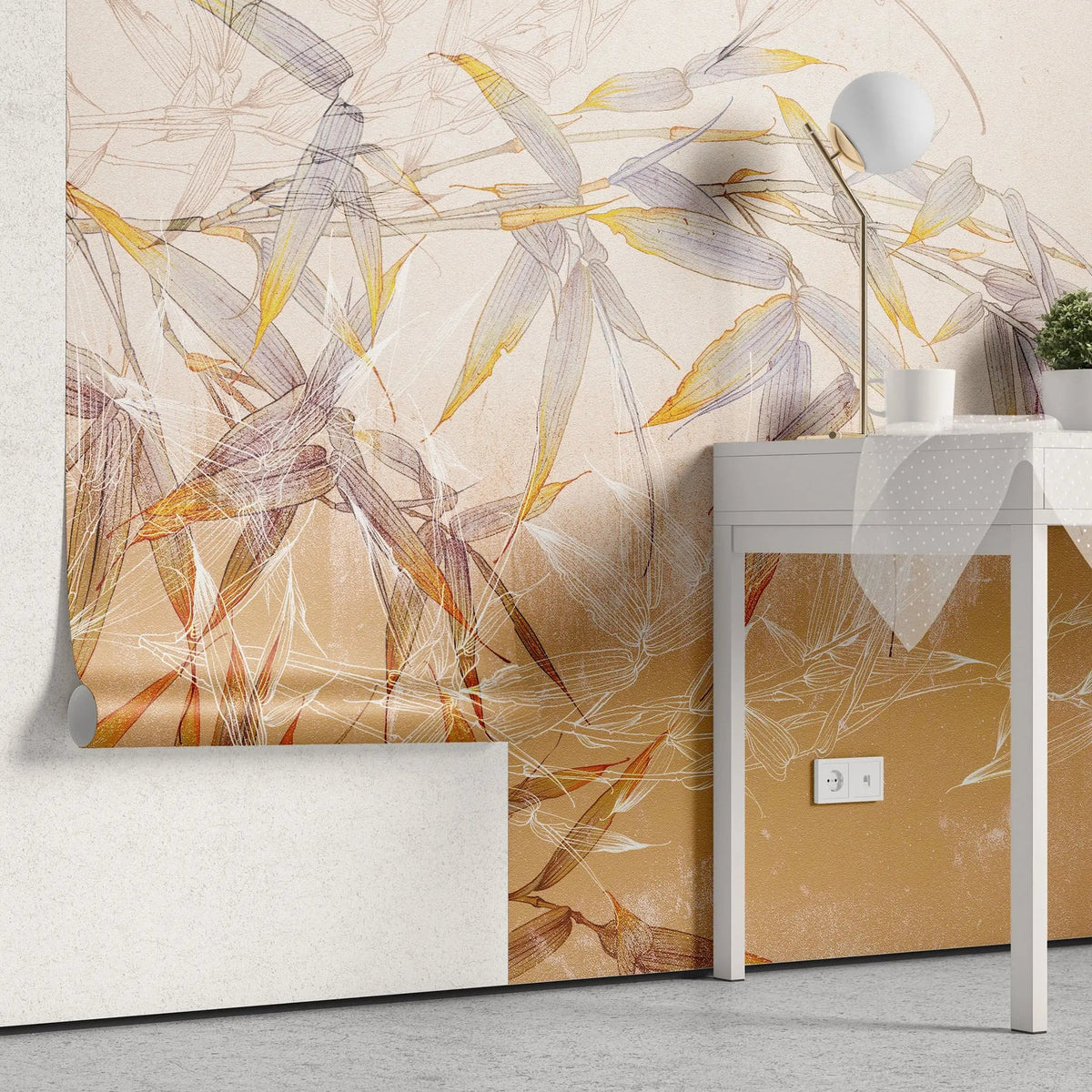Tapet personalizat leaf cu frunze de bambus portocalii asian orange