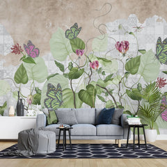 Tapet personalizat leaf cu plante salbatice verzi si fluturi pe un perete faiantat wild tile plants
