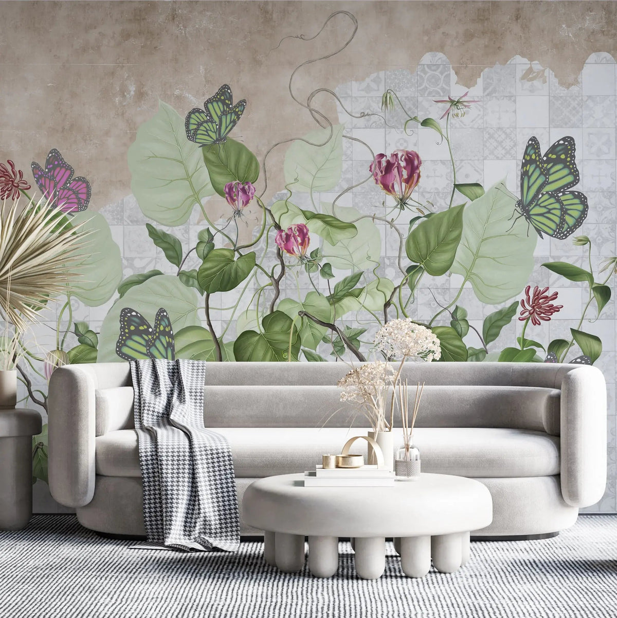 Tapet personalizat leaf cu plante salbatice verzi si fluturi pe un perete faiantat wild tile plants