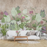 Tapet personalizat leaf cu frunze salbatice de philodendron si fluturi roz wild philodendron