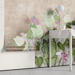 Tapet personalizat leaf cu frunze salbatice de philodendron si fluturi roz wild philodendron