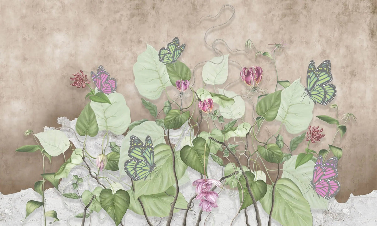 Tapet personalizat leaf cu frunze salbatice de philodendron si fluturi roz wild philodendron