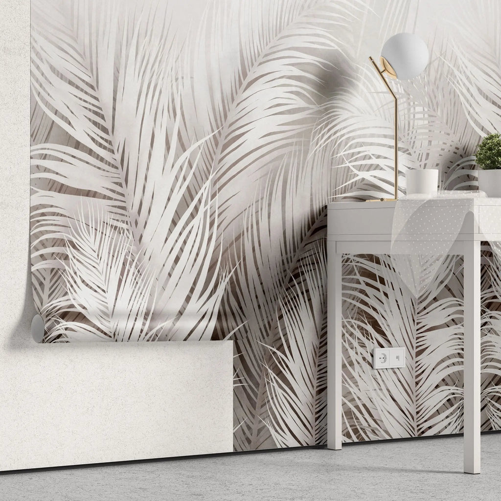 Tapet personalizat leaf cu frunze albe de palmier white palm