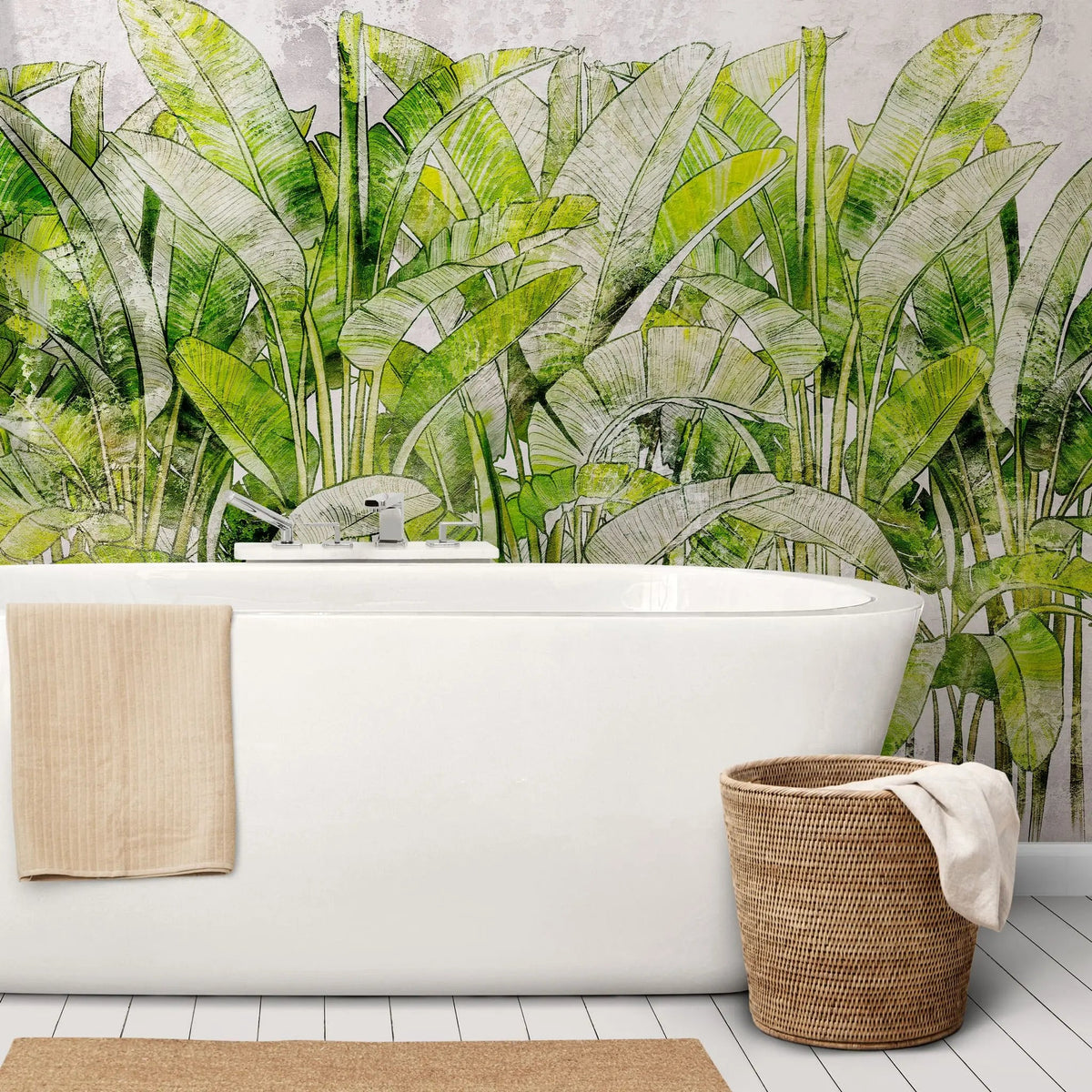 Tapet personalizat leaf cu frunze de bananier verzi intens pe un fundal alb green vibe light