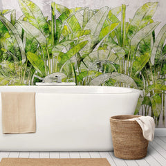 Tapet personalizat leaf cu frunze de bananier verzi intens pe un fundal alb green vibe light