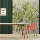 Tapet personalizat leaf cu frunze de bananier verzi intens pe un fundal alb green vibe light