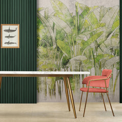Tapet personalizat leaf cu frunze de bananier verzi intens pe un fundal alb green vibe light
