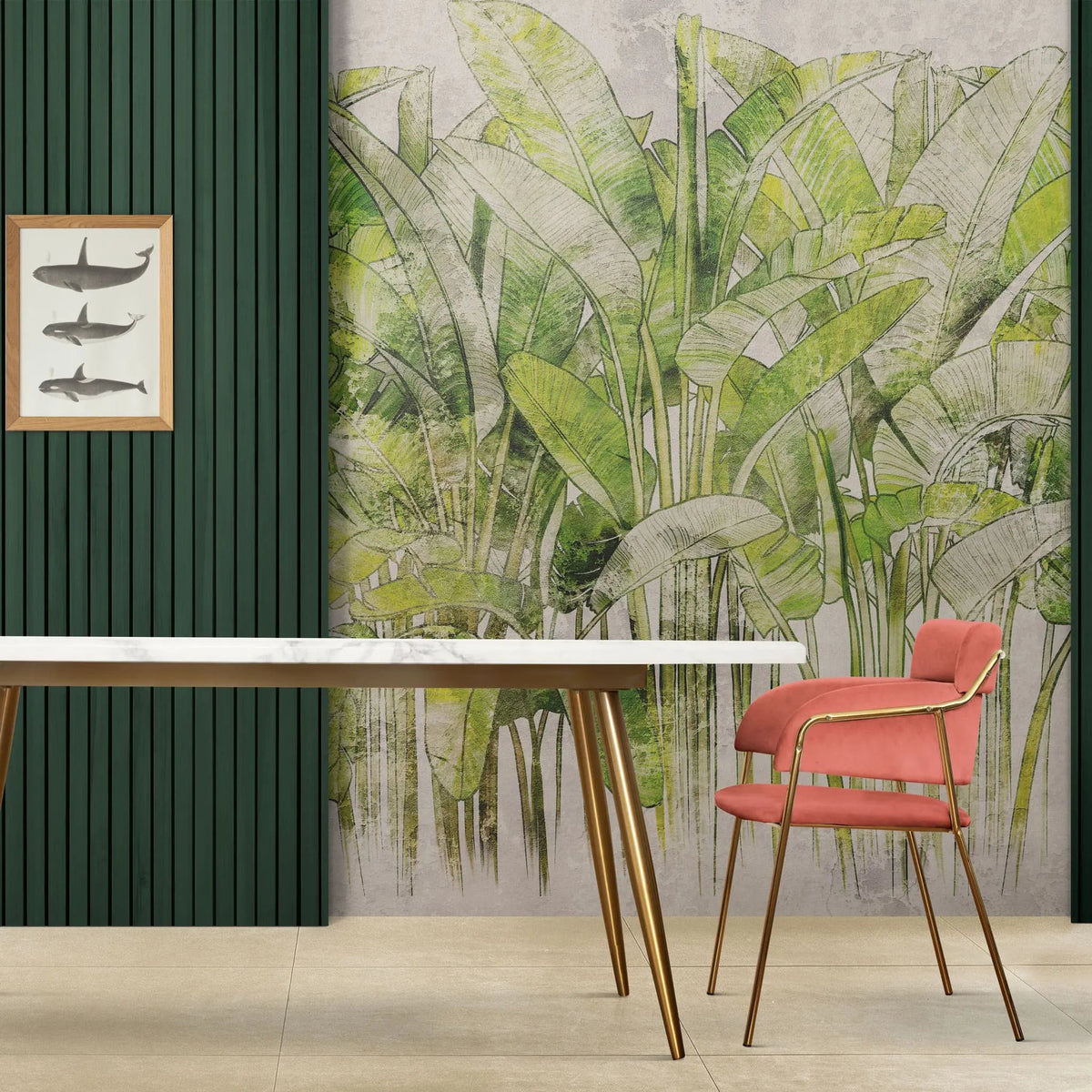 Tapet personalizat leaf cu frunze de bananier verzi intens pe un fundal alb green vibe light