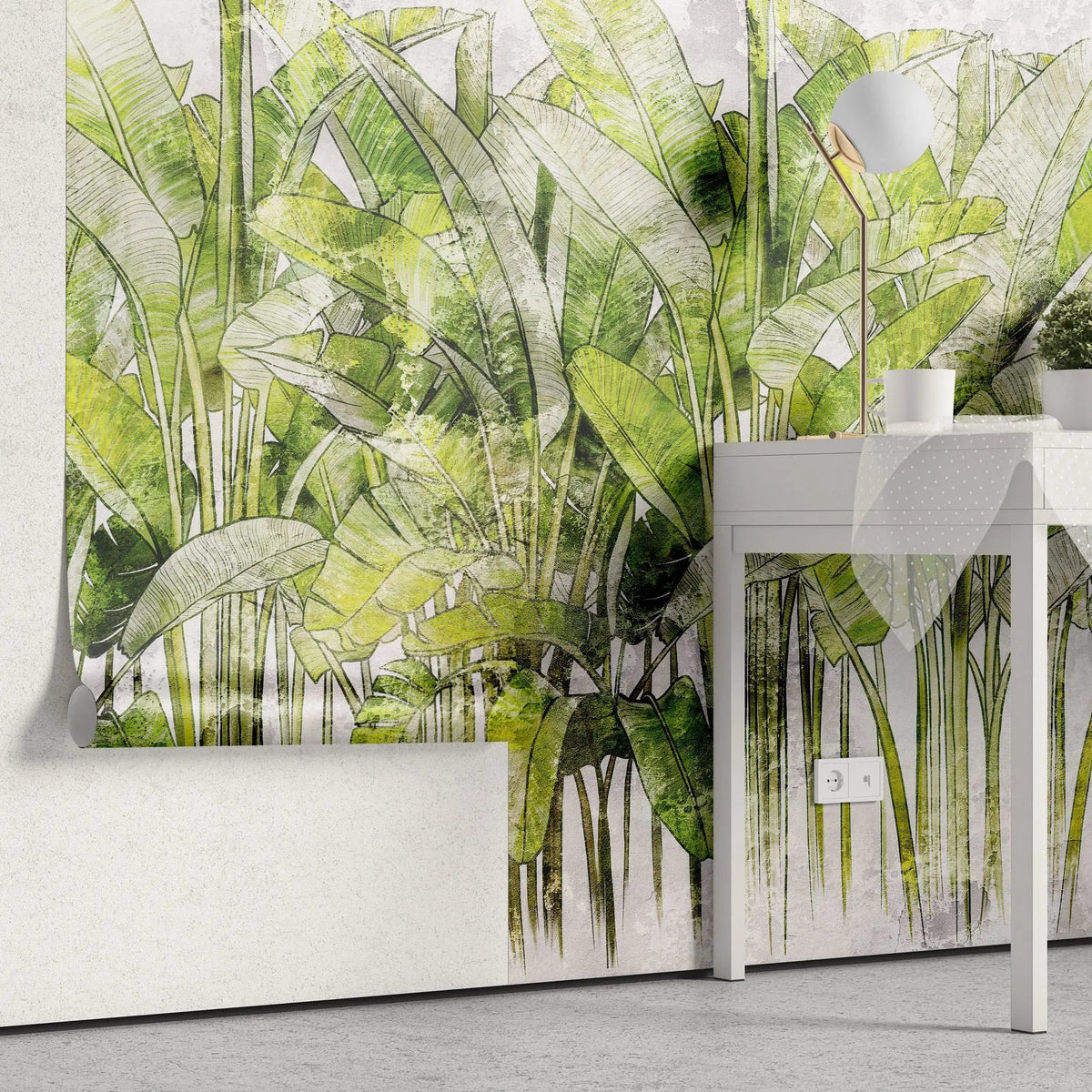 Tapet personalizat leaf cu frunze de bananier verzi intens pe un fundal alb green vibe light