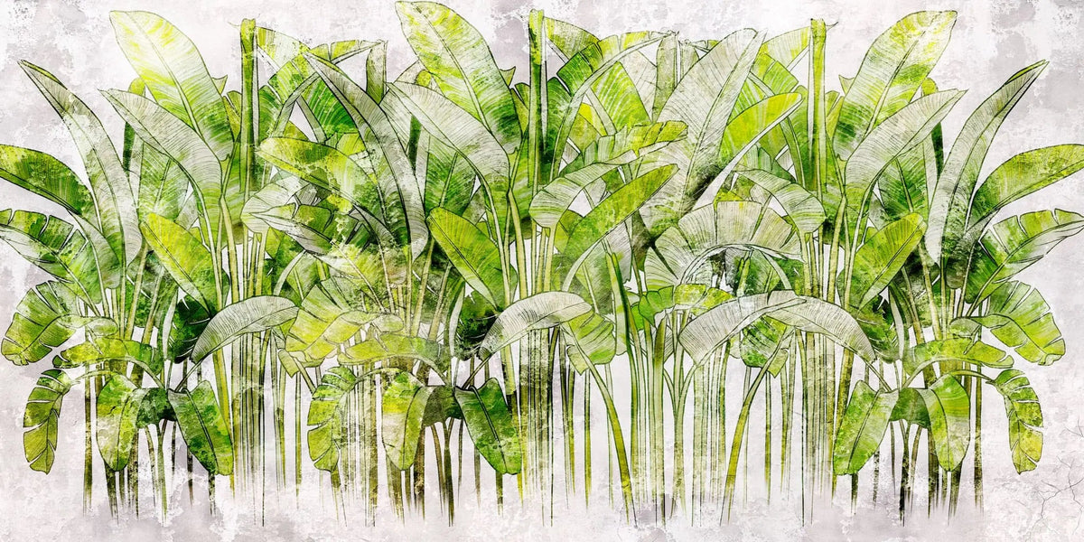 Tapet personalizat leaf cu frunze de bananier verzi intens pe un fundal alb green vibe light