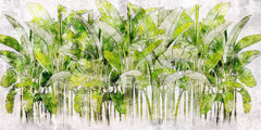 Tapet personalizat leaf cu frunze de bananier verzi intens pe un fundal alb green vibe light