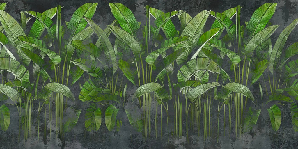 Tapet personalizat leaf cu frunze de bananier verzi intens pe un fundal negru green vibe dark