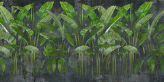 Tapet personalizat leaf cu frunze de bananier verzi intens pe un fundal negru green vibe dark