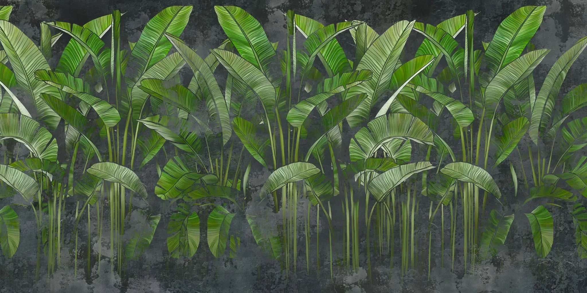 Tapet personalizat leaf cu frunze de bananier verzi intens pe un fundal negru green vibe dark
